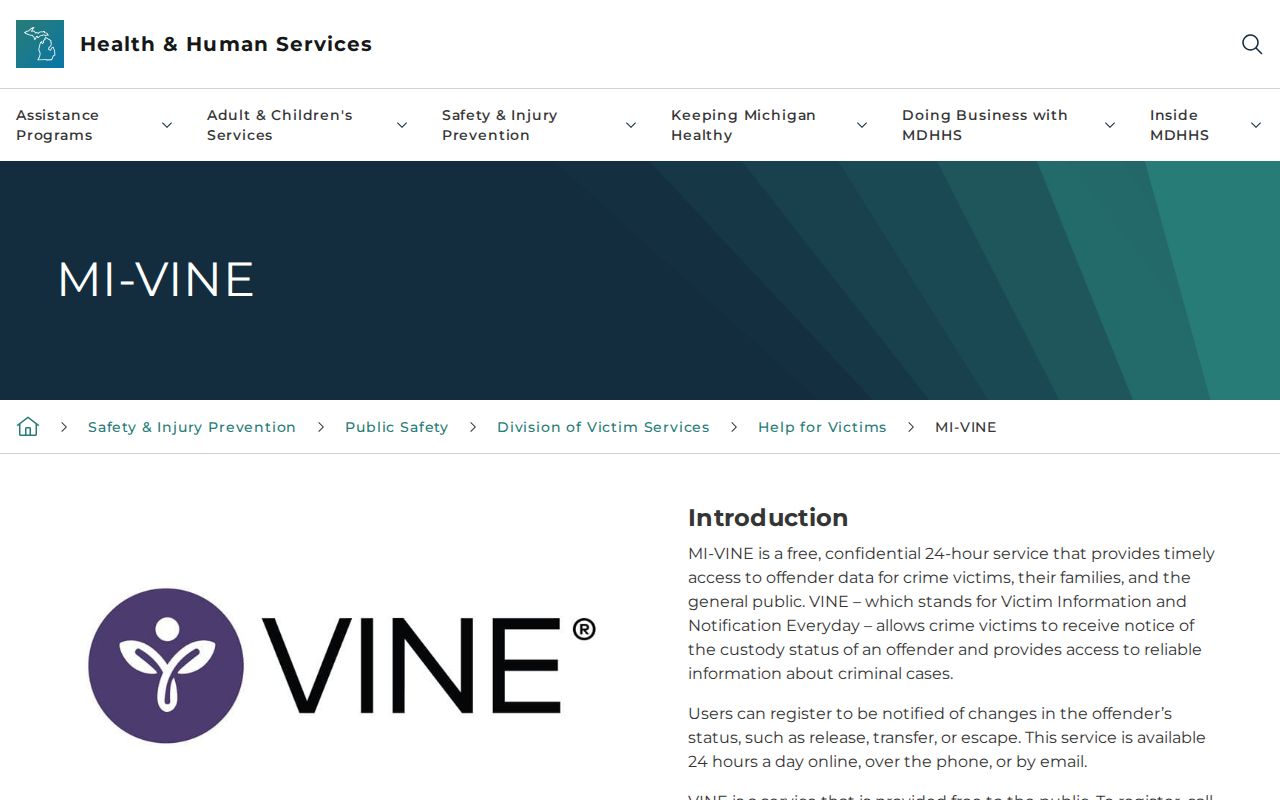 Michigan government MI-VINE custody notification information