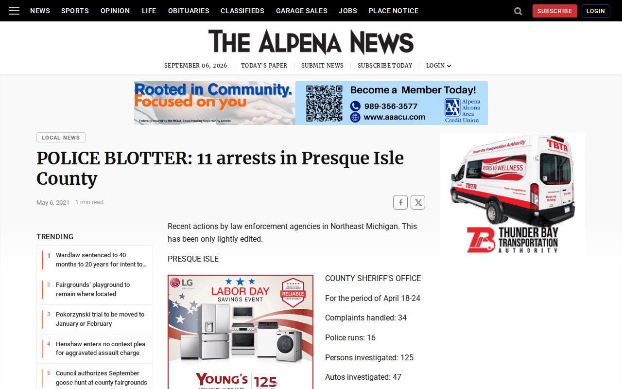 Alpena News weekly Presque Isle County police activity summary