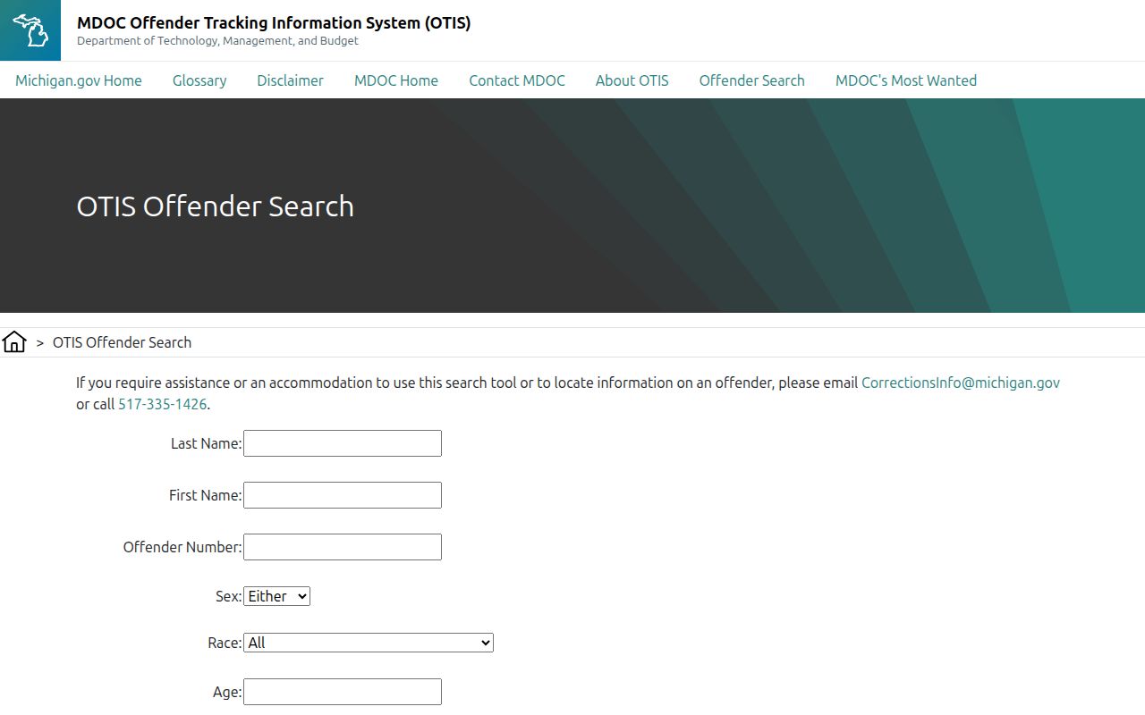 Michigan OTIS offender search form for state custody