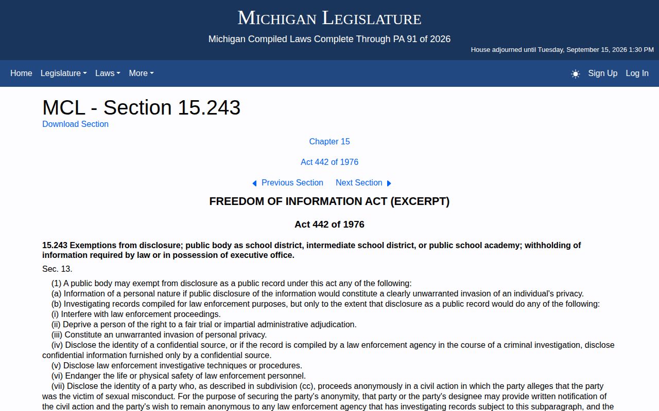 Michigan FOIA exemptions page for local arrest records