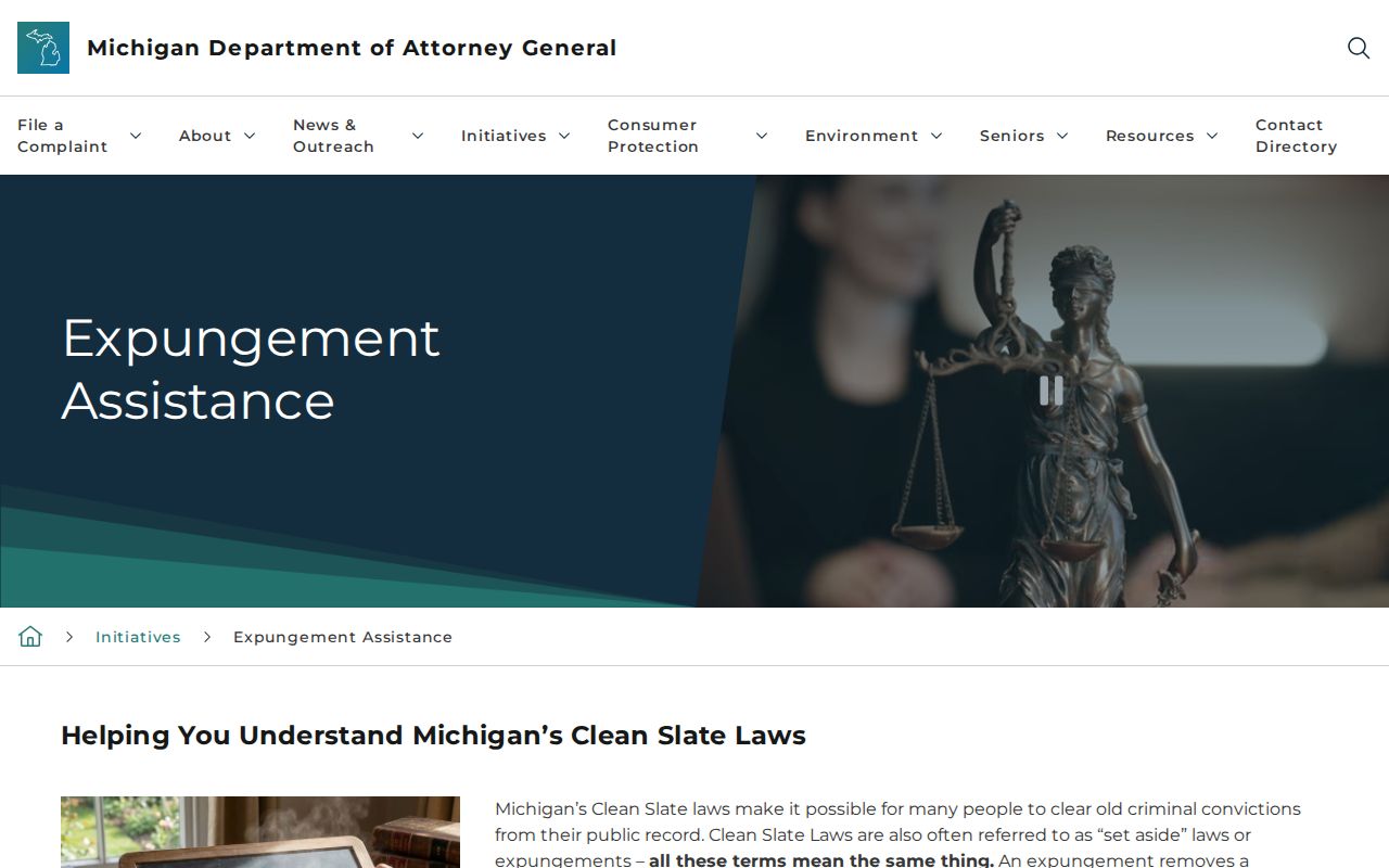 Michigan Attorney General expungement assistance page
